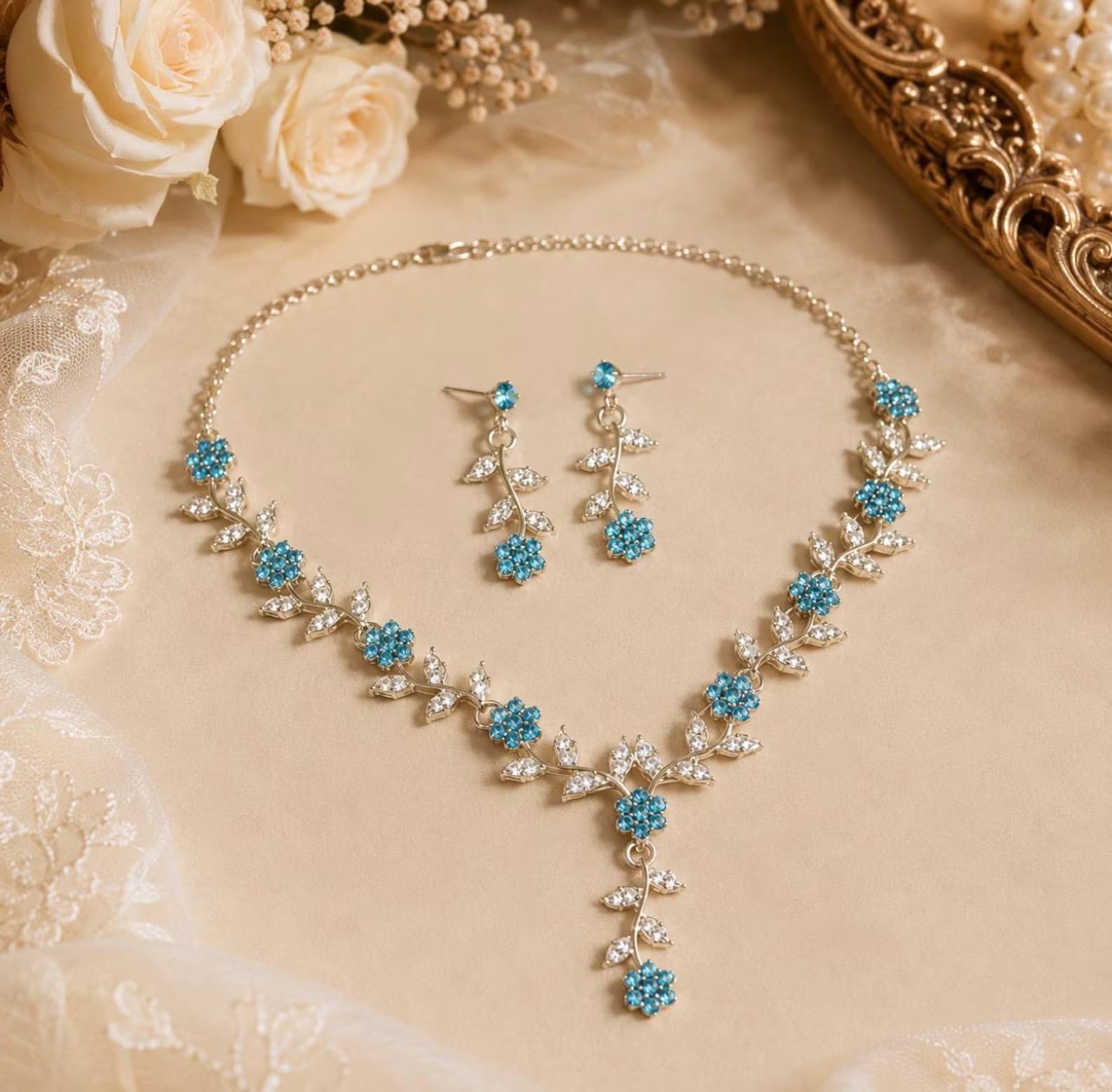 Floral Elegance Bridesmaid Jewelry Set Dainty Crystal Flower Necklace Earrings for Wedding Party