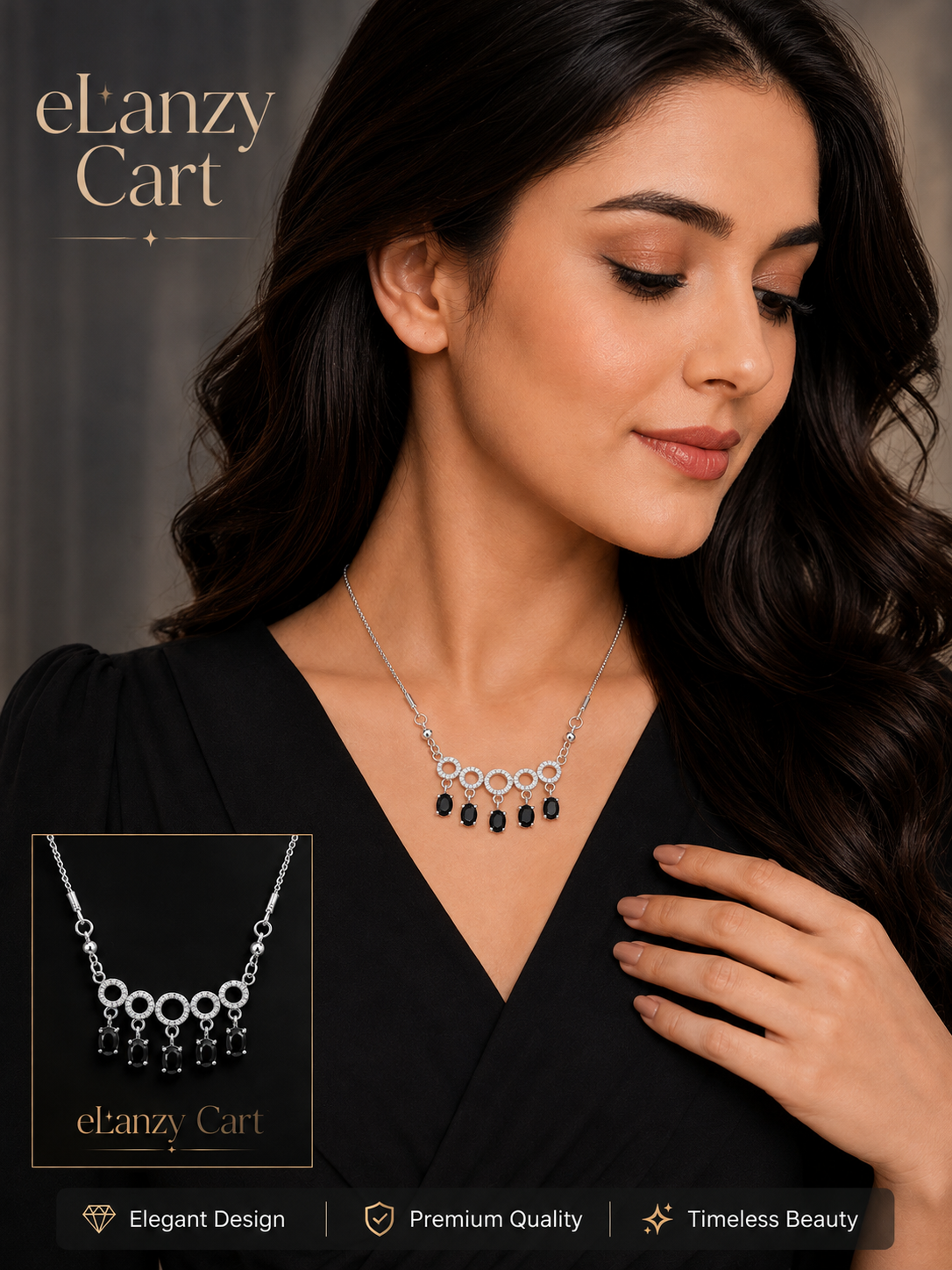 Black drop halo necklace
