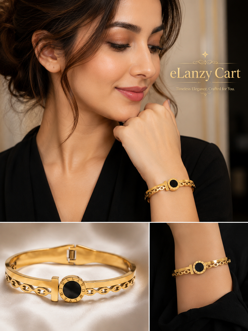 Gold hinged bangle with onyx accent
